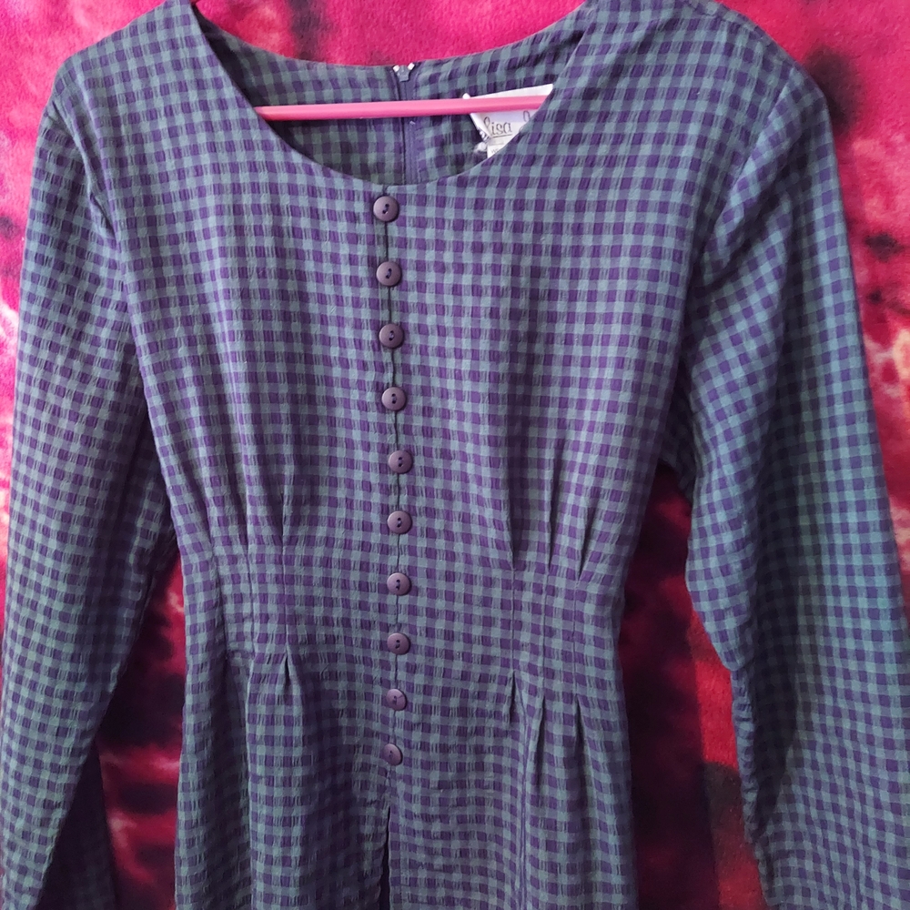 Vintage Navy Blue And Dark Green Checkered Plaid Dress